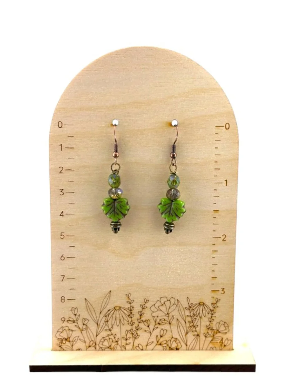 Green Maple Leaf Earrings Czech Glass Botanical Cottagecore Copper Dangle 2